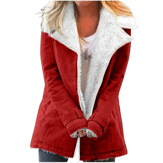HAOTAGS Women Outwear Coat, Lapel Cardigan Fleece-Lined Warm Outwear Red L