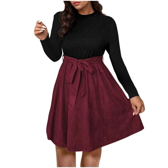 HAOTAGS Women Plus Size Pleated Dress, Lightweight Round Neck Waist Cinch Knee-Length Dress Wine XXXXL