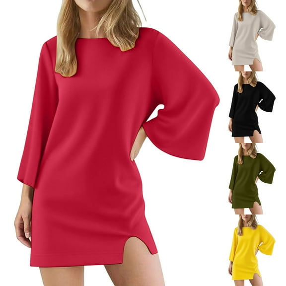 HAOTAGS Women Printed Muslim Dress, Casual Round Neck Fall Shift Dress for Casual Red S