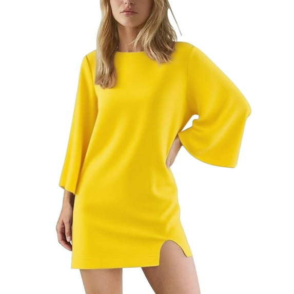 HAOTAGS Women Printed Muslim Dress, Round Neck Fall Casual Shift Dress for Casual Yellow XL