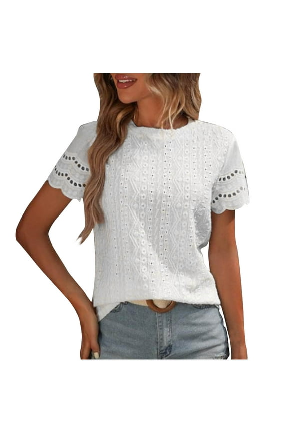 Women Short Sleeve Tops,Workout Embroidered Eyelet Pleated Casual Tops White M
