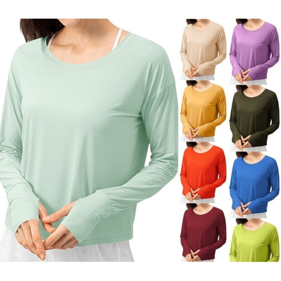 HAOTAGS Women Sun Protection Top,Solid Color Long Sleeve Round Neck Lightweight Tops Purple L