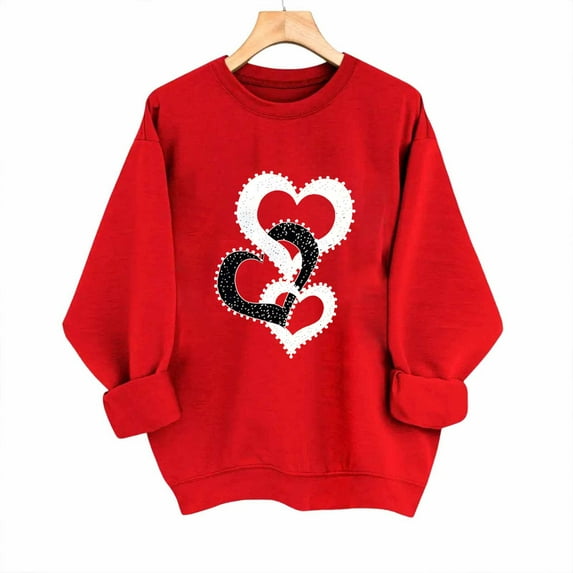 HAOTAGS Women T - shirt Valentines Day, Round Neck Casual Printed Long Sleeve Holiday Shirt Red S