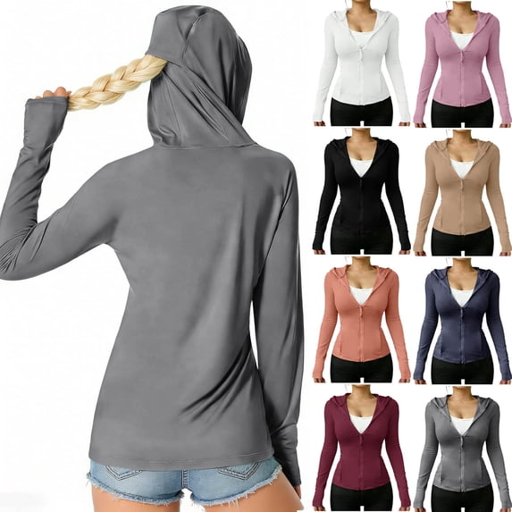 HAOTAGS Women UPF 50+ Sun Protection Jacket,Long Sleeve Thumb Hole Cuffs Full-Zip Front Hooded Fishing Shirt Rose Gold M