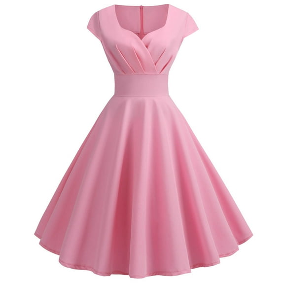 HAOTAGS Women Vintage 1950s Retro Dress Short Sleeve Vintage Rockabilly Dresses Pink Size L