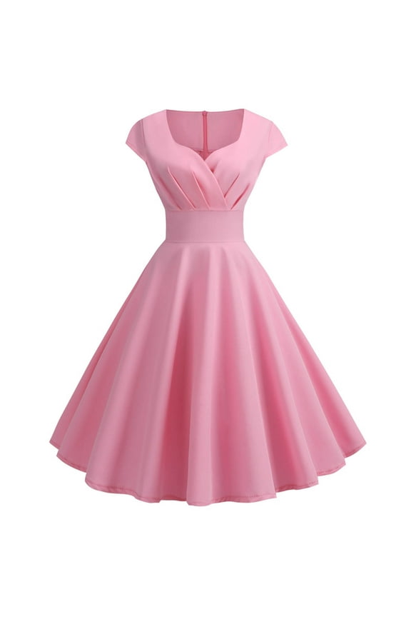 Women Vintage 1950s Retro Dress Short Sleeve Vintage Rockabilly Dresses Pink Size XL