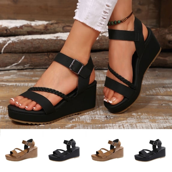 HAOTAGS Women Wedge Sandals, Buckle Summer Open Toe Platform Heel Sandals Black 6.5