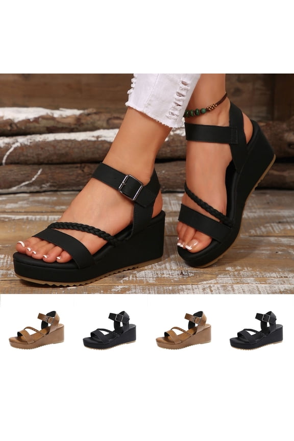 Women Wedge Sandals, Buckle Summer Open Toe Platform Heel Sandals Black 6.5