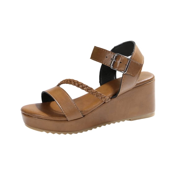 HAOTAGS Women Wedge Sandals, Open Toe Buckle Summer Platform Heel Sandals Brown 7.5