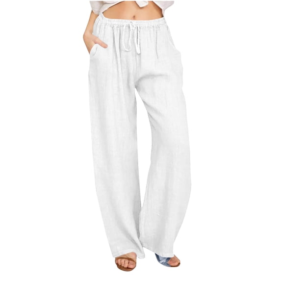 HAOTAGS Women Wide-Leg Pants,Drawstring Waist Relaxed Breathable Summer Cotton-Linen Pants White XL