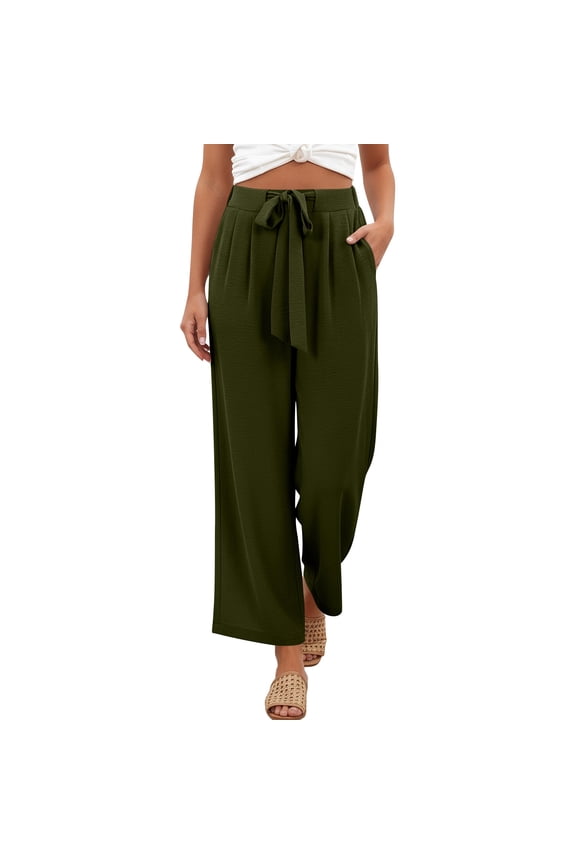 Women Wide-Leg Trousers, Lightweight with Wrap Waistband Elastic Waist Causal Pants Army Green S