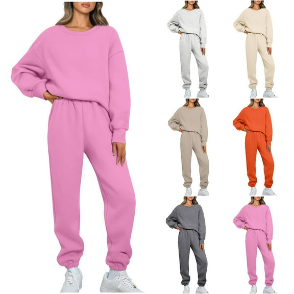 HAOTAGS Women's 2 Piece Sweatsuit Outfits Oversized Sweatshirt Fall Fashion Baggy Sweatpants with Pockets Pink Size L