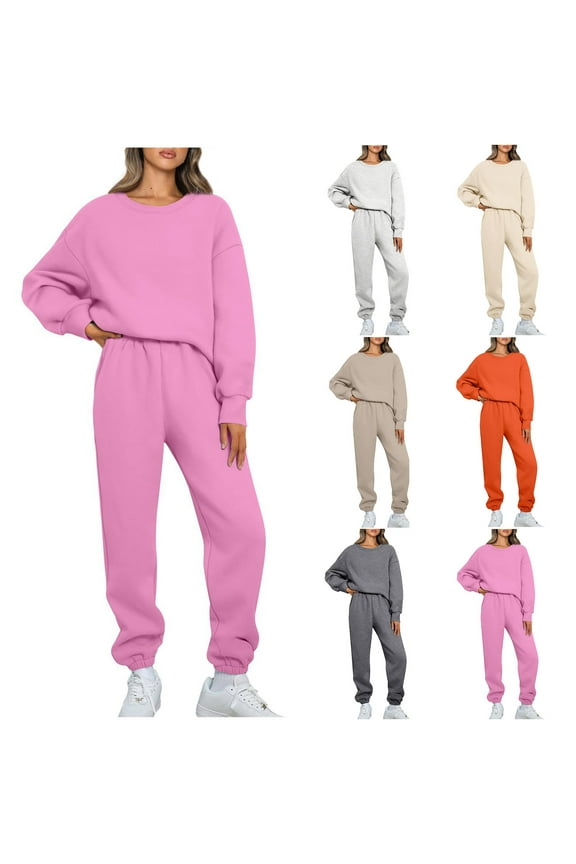 Women's 2 Piece Sweatsuit Outfits Oversized Sweatshirt Fall Fashion Baggy Sweatpants with Pockets Pink Size L