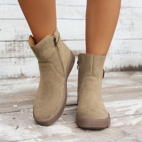 HAOTAGS Women's Ankle Boots, Flat Heel Round Toe Casual Side Zipper Flock Booties Khaki 7.5