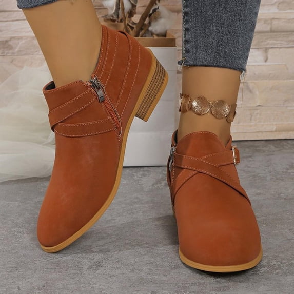 HAOTAGS Women's Ankle Boots, Potined Toe Casual Low Heel Side Zip Flock Booties Brown 7