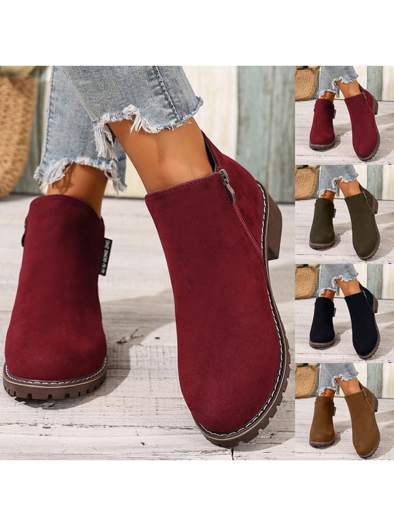 Women's Ankle Boots –Side-Zip Low-Heel Casual Short Flocked Booties Wine Size 6.5