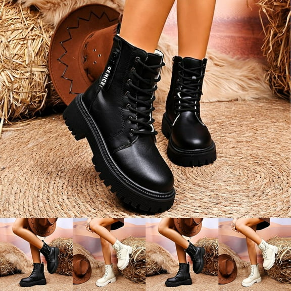 HAOTAGS Women's Boots, Casual Zipper Ankle Boots Thick Sole Winter Boots Versatile Mid Heel Boots Trendy PU Riding Black