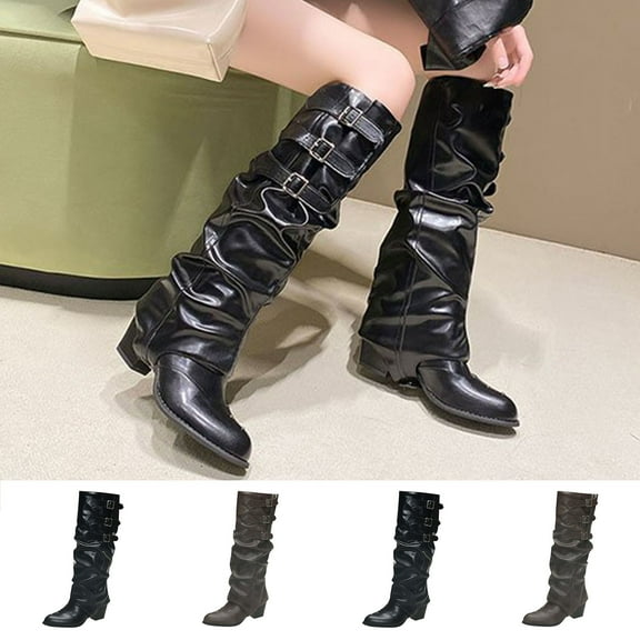 HAOTAGS Women's Boots, Western Cowboy Two - Way Belt Buckle Pointed Toe Fall Winter Trend Black