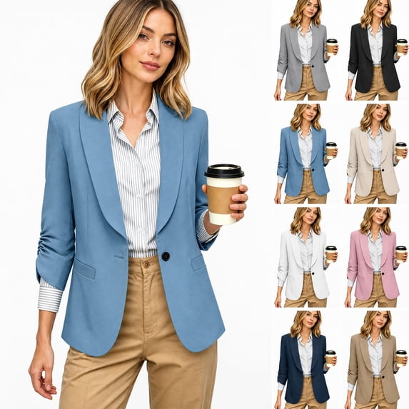 HAOTAGS Women’s Business-Casual Blazer 3/4-Length Sleeves, Notched Lapels, Open-Front Design with Functional Pockets Gray Size 2XL