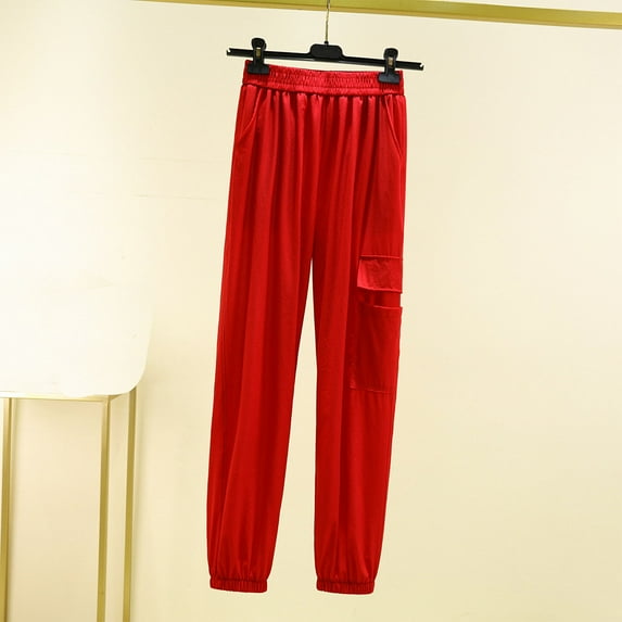 HAOTAGS Women's Cargo Pants with Multi-pockets, Solid Color Stretch Loose Casual Sport Pants Red