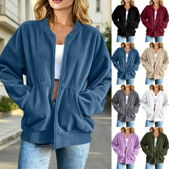 HAOTAGS Women’s Casual Corduroy Zip-Up Jacket Soft Loose-Fit Long Sleeve Outerwear with Front Pocket White Size XL