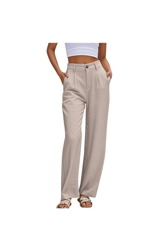 Women's Casual Pants,Elastic Waist Pocket Button Zipper Straight Leg Pants Khaki L