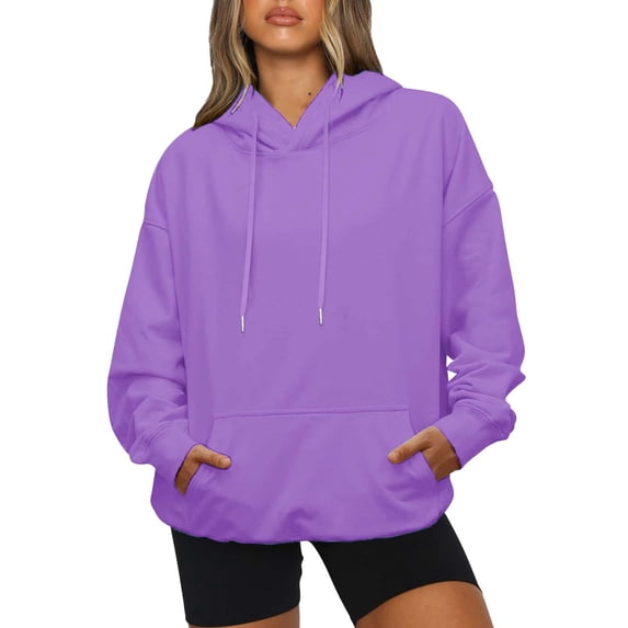 HAOTAGS Women's Casual Solid Color Hoodies Long Sleeve Kangaroo Pocket Blouse Top Purple Size XL