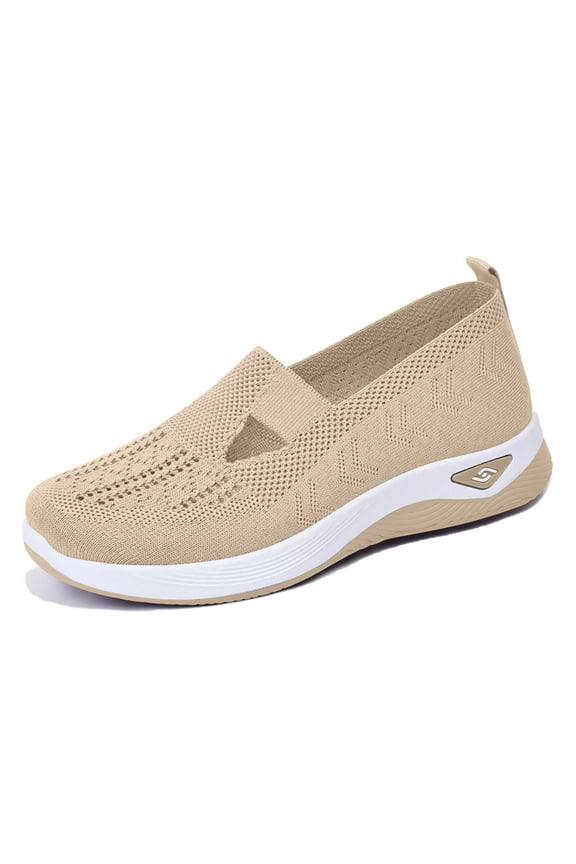 Women's Casual Walking Sneakers Breathable Mesh Slip On Flat Comfortable Lightweight Shoes Beige Size 7.5