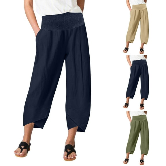 HAOTAGS Women's Casual Wide Leg Baggy Capri with Pocket, Solid Color High Waist Loose Fit Casual Pants Dark Blue