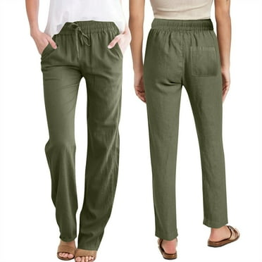 HAOTAGS Women's Linen Pants Summer Drawstring Waist Wide Leg Loose Cotton Linen Palazzo Pants Casual Comfy Lounge Pants Green Size L