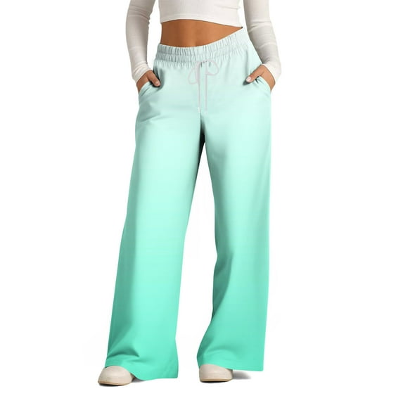 HAOTAGS Women's Causal Sweatpants Drawstring High Waist Gradient Color Baggy Straight Wide Leg Pants with Pockets Mint Green Size M