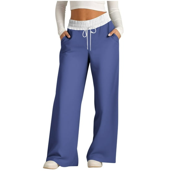 HAOTAGS Women's Causal Sweatpants Drawstring High Waist Solid Baggy Straight Wide Leg Pants with Pockets Navy Size 2XL