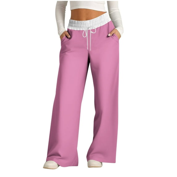 HAOTAGS Women's Causal Sweatpants Drawstring High Waist Solid Baggy Straight Wide Leg Pants with Pockets Pink Size 2XL