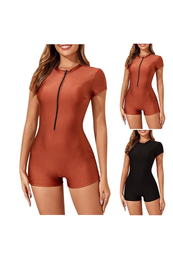 Women's Color Block Zip Jumpsuit, Athletic Surf Swimsuit Slim Fit Rashguard Sporty Active Swimwear Set
