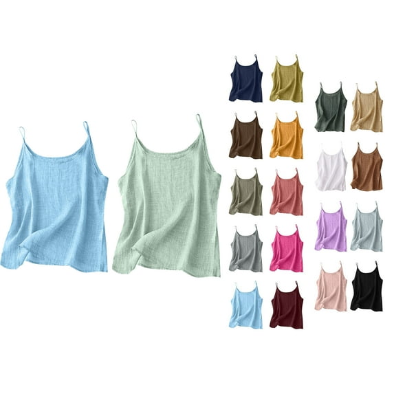HAOTAGS Women's Cotton Linen Tank Tops Plus Size, Spaghetti Strap Sleeveless Camisole Casual Solid Loose Blouse Tops Brown S