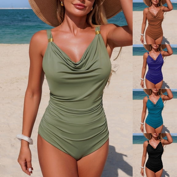 HAOTAGS Women's Cowl Neck Monokini, Soft Stretch Solid Color One-Piece Back Strap Swimsuit Suspender Halter Bikini