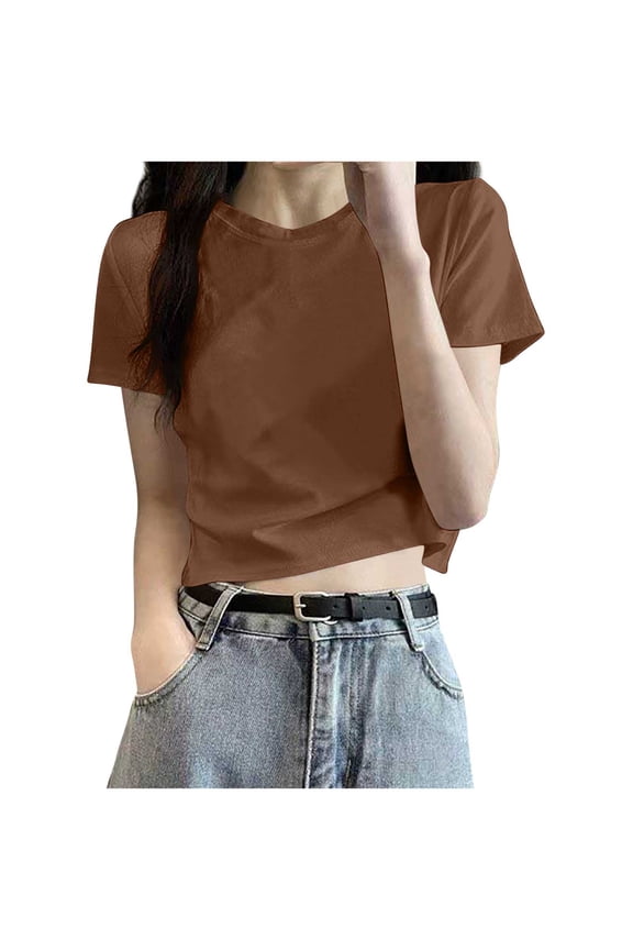 Women's Crop T-Shirts,Comfortable Short Sleeve Solid Crew Neck Basic Clothing Shirts Brown S