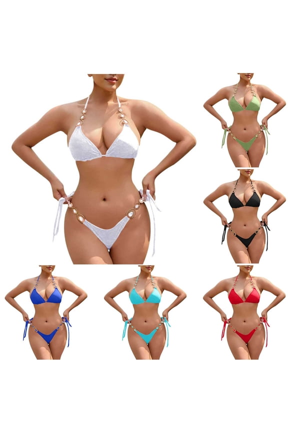 Women's Crystal Bikini Set, Luxury Vacation Swimsuit Adjustable Strap Two-Piece Sparkling Solid Color Bikini Diamond Patchwork Swimsuit