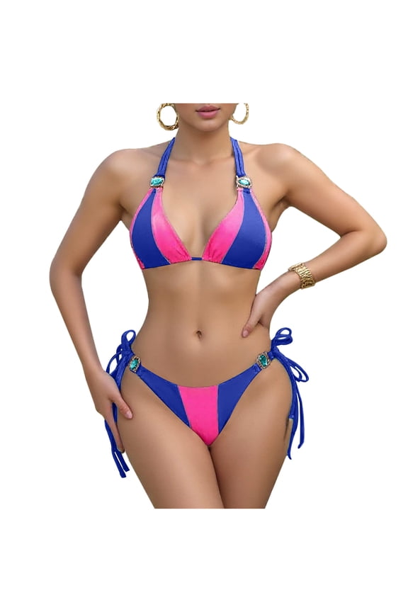 Women's Crystal Bikini Set, Tie Strap Two-Piece Solid Color Vacation Set Beach Swimsuit Diamond Patchwork Swimsuit