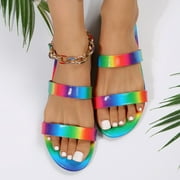 HAOTAGS Women's Cute Flat Sandals Open Toe Rainbow Print Slip On Casual Summer Beach Shoes
