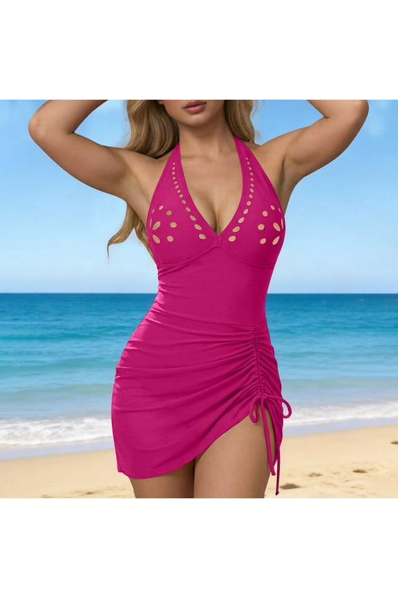 Women's Cutout Bikini Set Hollow Out Knotted Swimwear Two Piece Bathing Suit, Pink 2XL