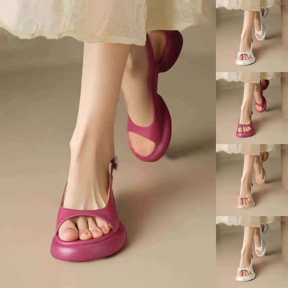 HAOTAGS Women's Double Buckle Flat Sandals, Ankle Strap Open Toe Wedge Lightweight Vacation Footwear Hot Pink 6