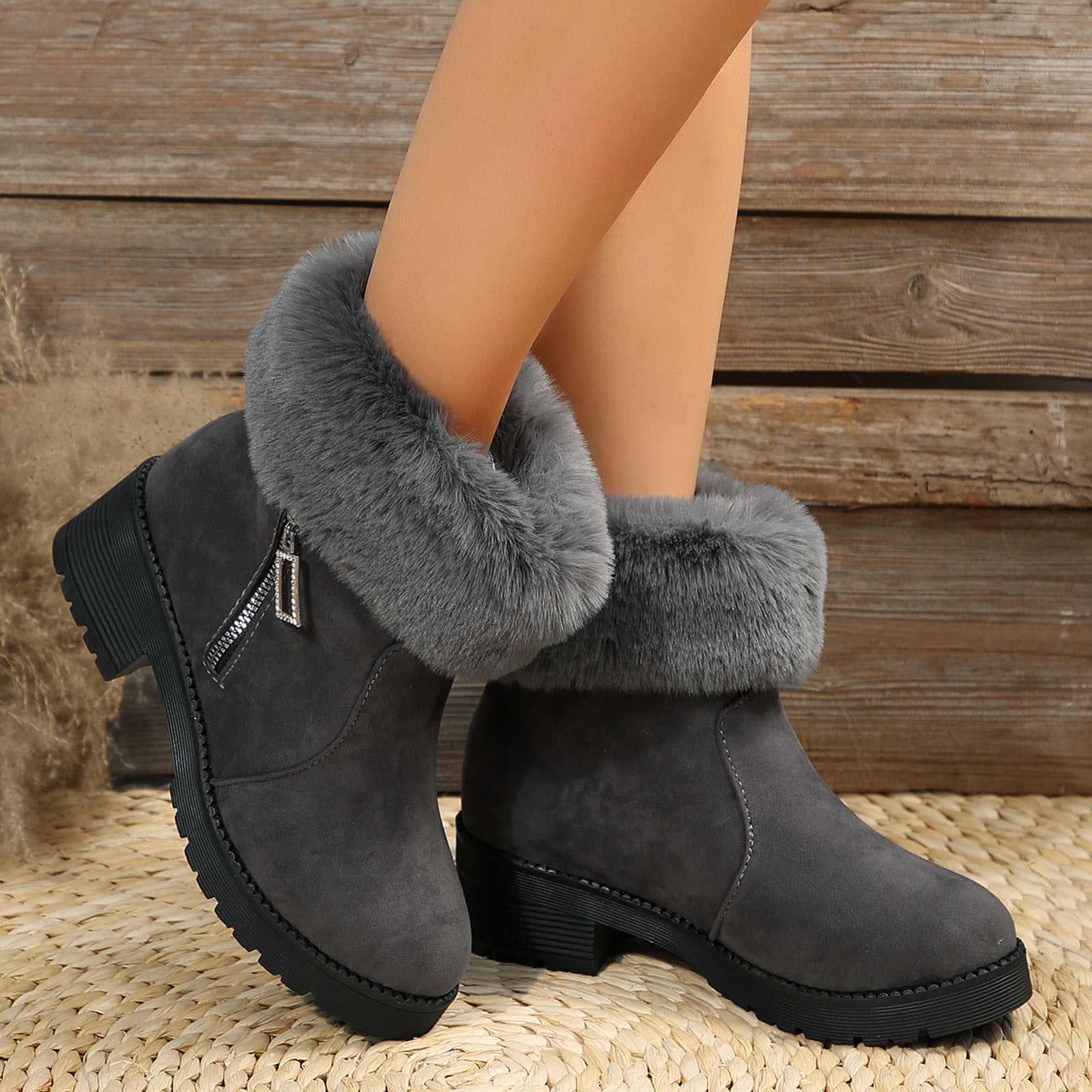 Front Lace Taupe Snow Winter Fashion Wooden Chunky Heels Booties Ankle Boots  B66 | eBay