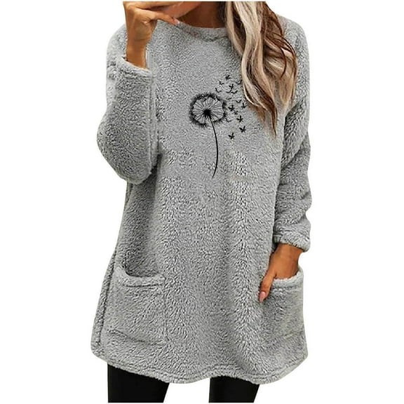 HAOTAGS Women's Fall Winter Trench Coats, Thickened Warm Long Sleeve Fleece Round Neck Printed Top Gray M