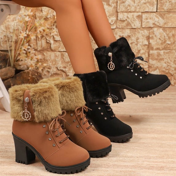 HAOTAGS Women's Fashion Boots, Fall Winter Thick Heel Lace - Up Comfortable Boots Brown