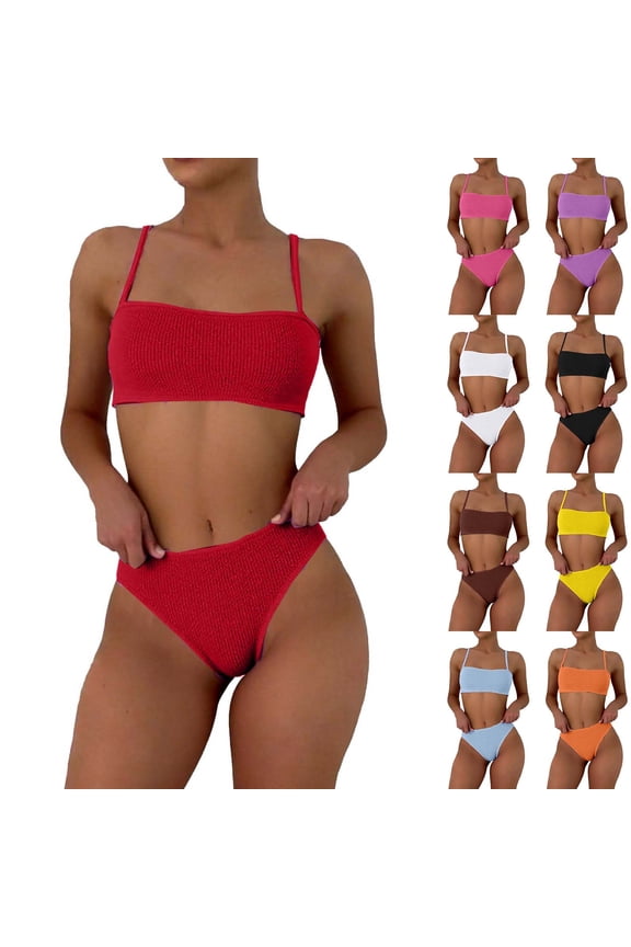 Women's Fashion Solid Color Halter Bikini Set Padded Push Up Two Piece Swimsuit Elegant Vacation Beachwear, Orange M