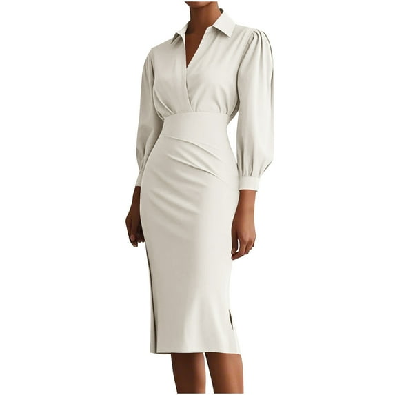 HAOTAGS Women's Fitted Solid Color Dress, Long Sleeve Waist-Cinching Fall Knee-Length Pleated Dress White M