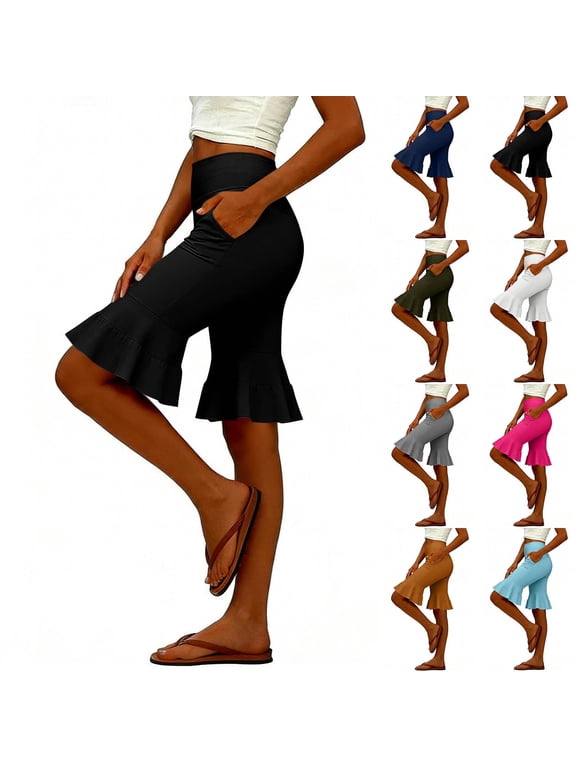 Women’s Flared Capri Leggings, Solid Color Versatile Casual Yoga Pants Army Green S