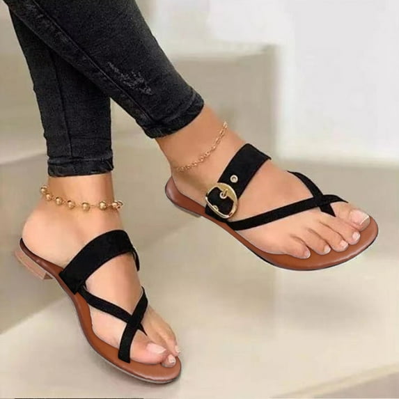 HAOTAGS Women's Flat Toe Ring Slides Sandals On Sale Fashion Slide Sandals Toe Ring Casual Summer Shoes Black Size 10