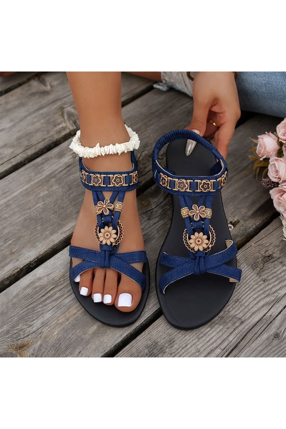 Women's Flats Sandals,T-Strap Dressy PU Leather Sandals for Summer Beach Blue 7.5